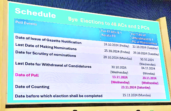 47 विधानसभा क्षेत्रों और 1 संसदीय क्षेत्र के लिए 13 नवंबर को उपचुनाव 