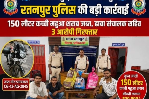 150 लीटर कच्ची महुआ शराब जब्त, ढाबा संचालक सहित तीन गिरफ्तार…